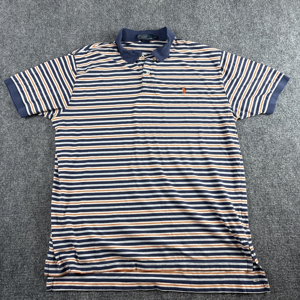 Polo Ralph Lauren Men XL Polo Shirt Navy Blue Orange Striped 100% Cotton Golf